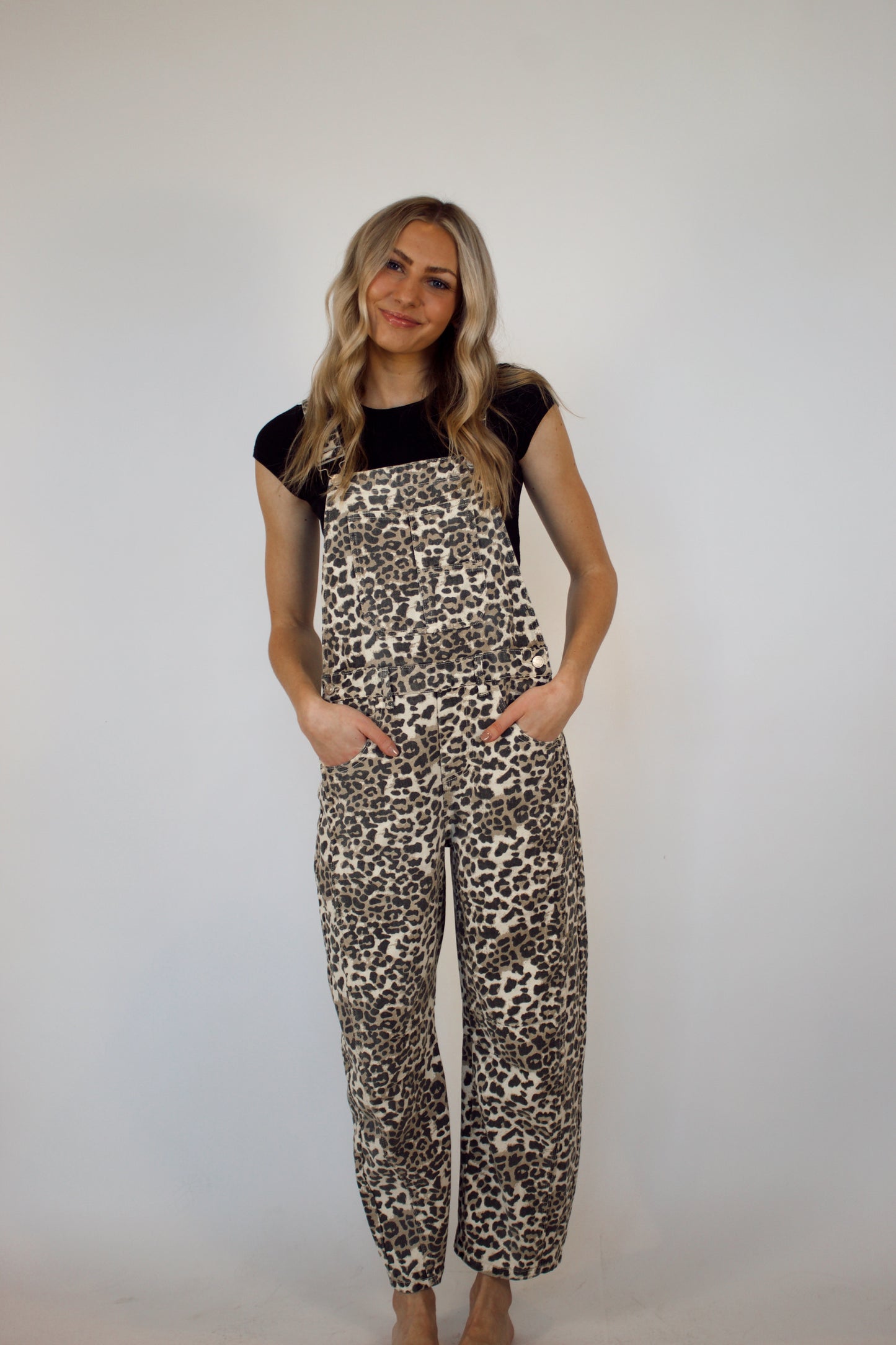 Averie Leopard Print Barrel Jean Overalls