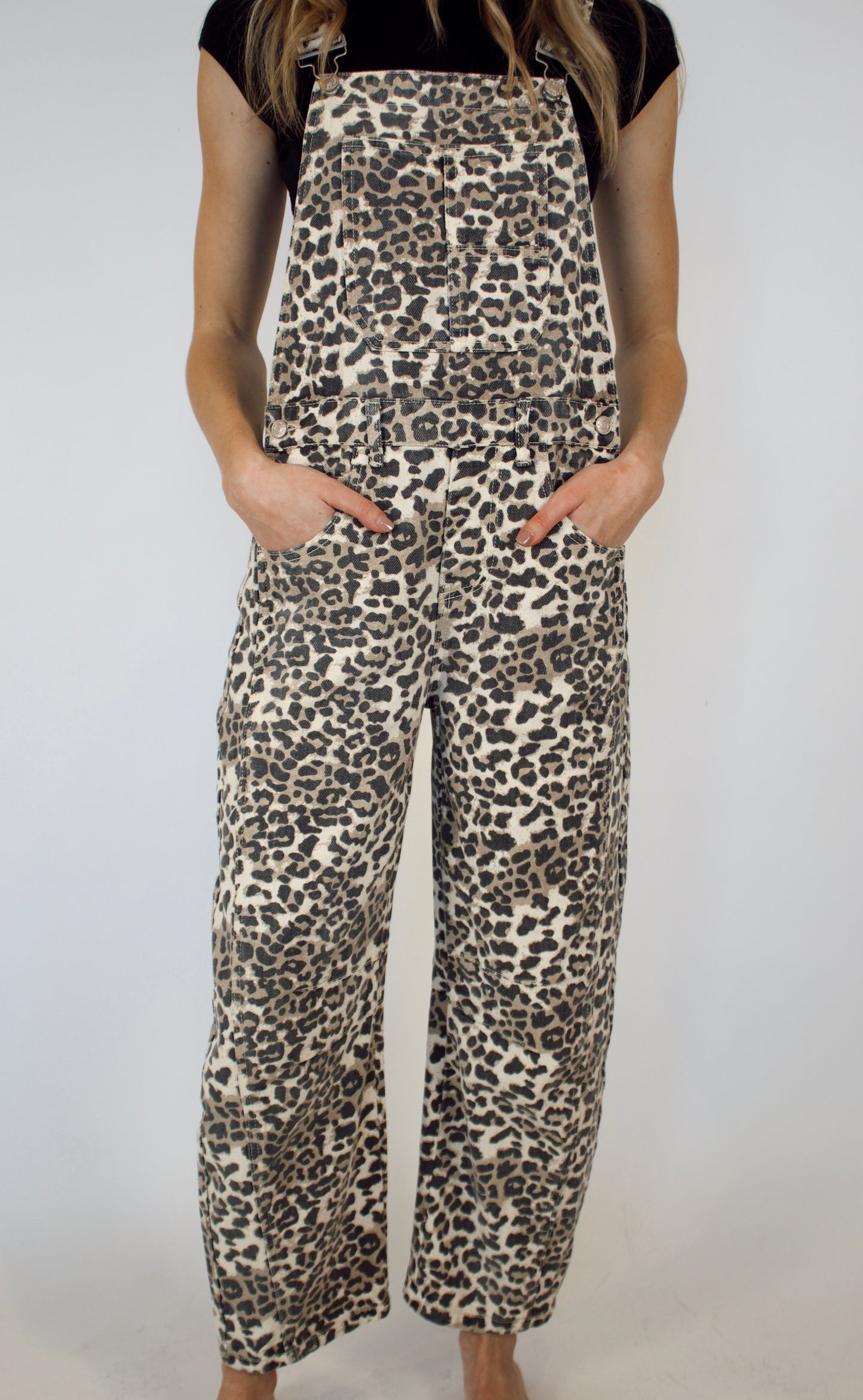 Averie Leopard Print Barrel Jean Overalls