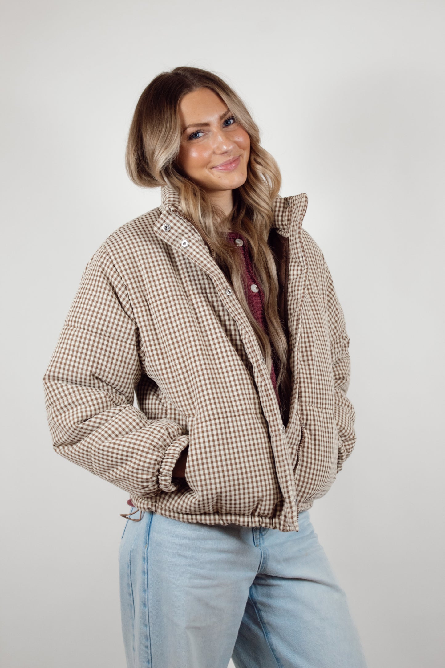 Brown Gingham Puffer Jacket