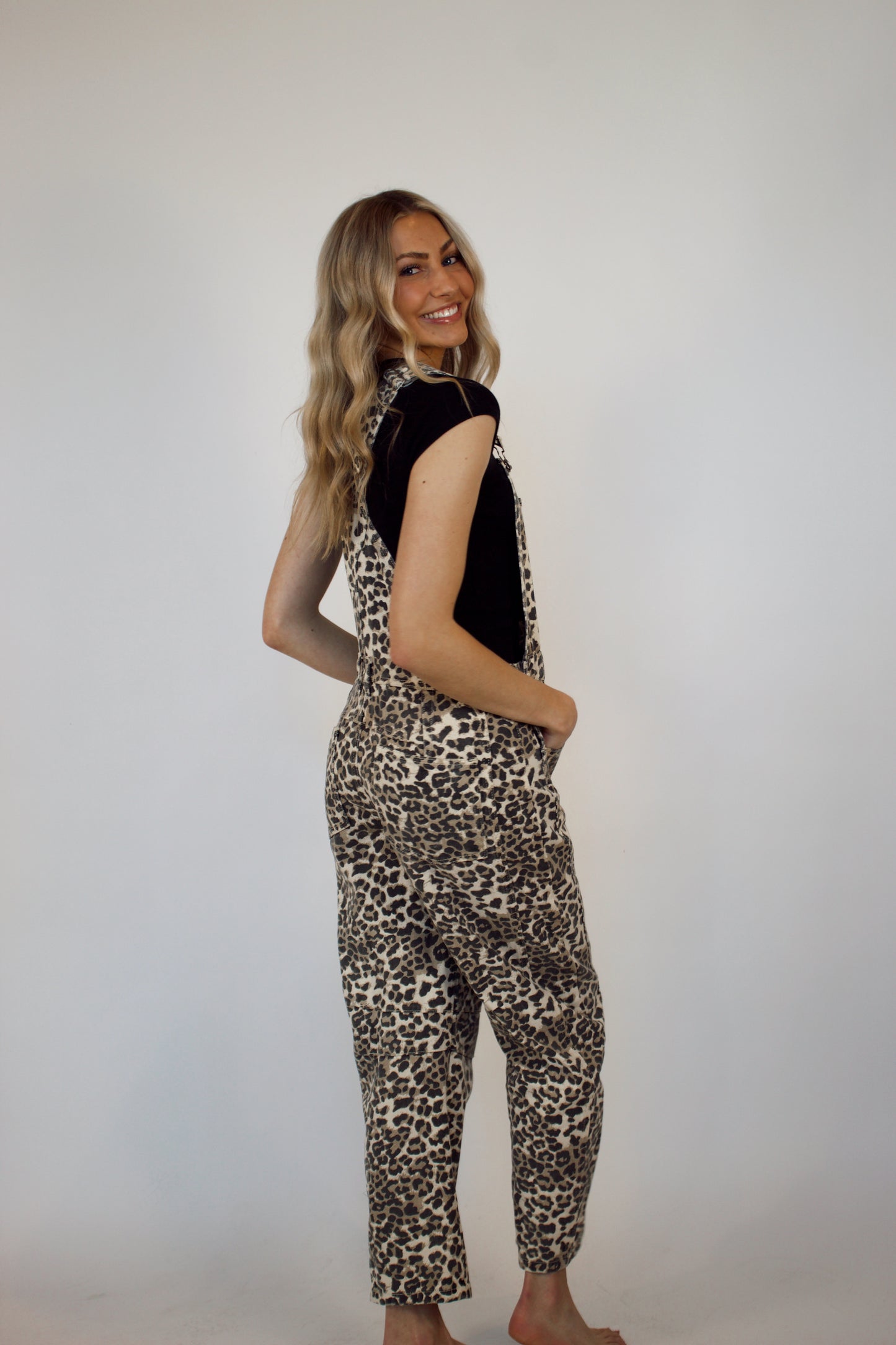 Averie Leopard Print Barrel Jean Overalls