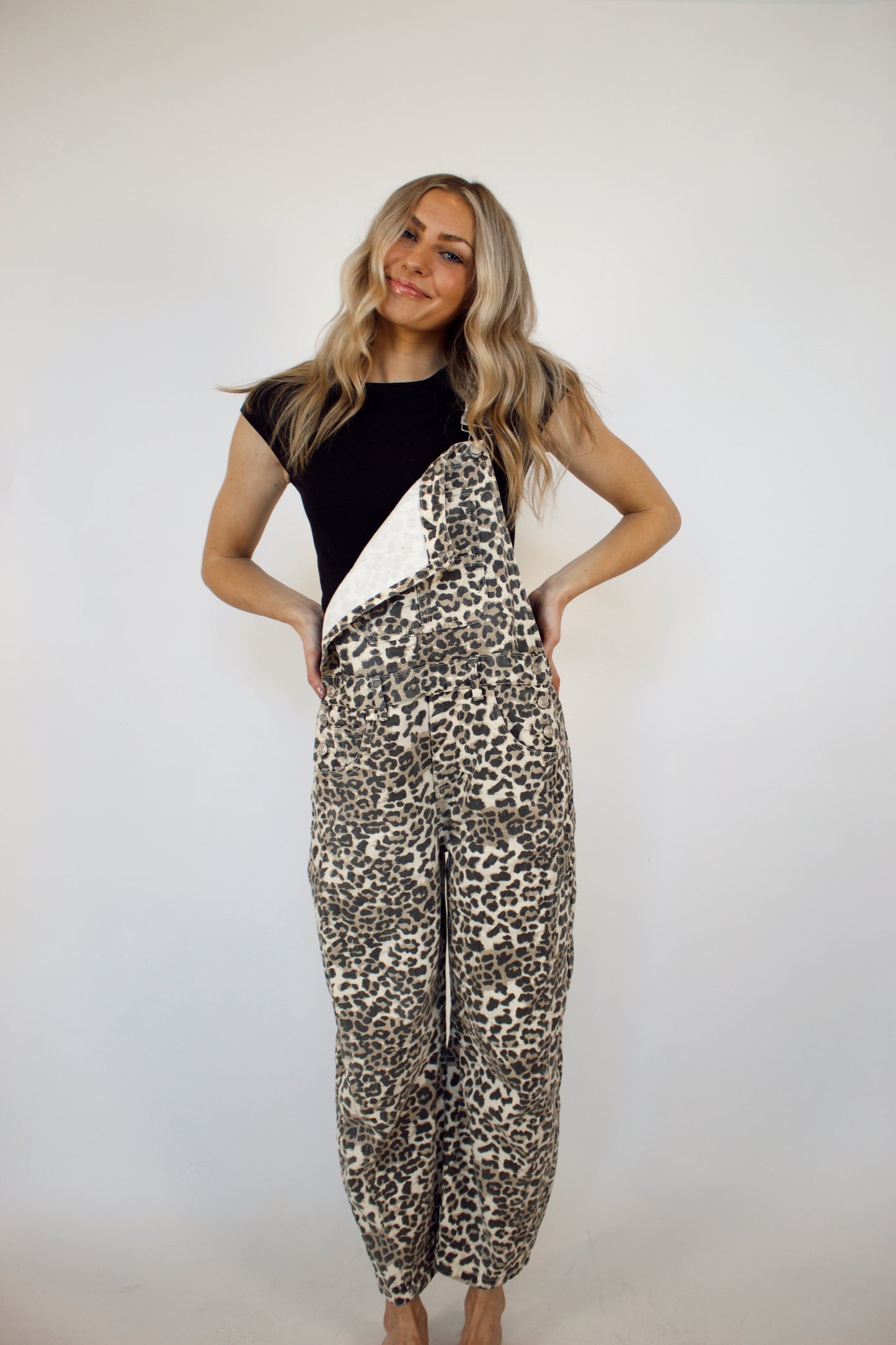 Averie Leopard Print Barrel Jean Overalls