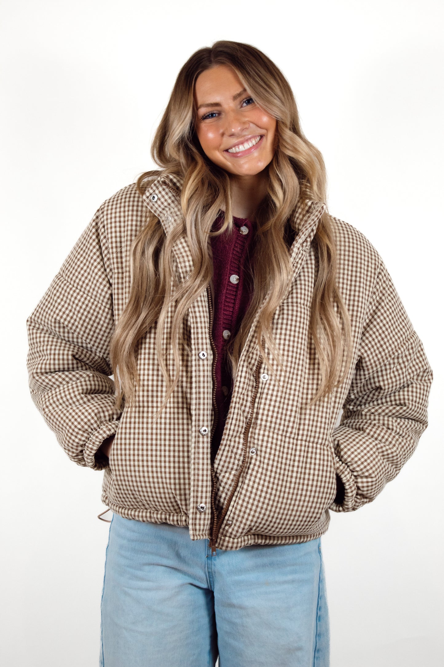 Brown Gingham Puffer Jacket