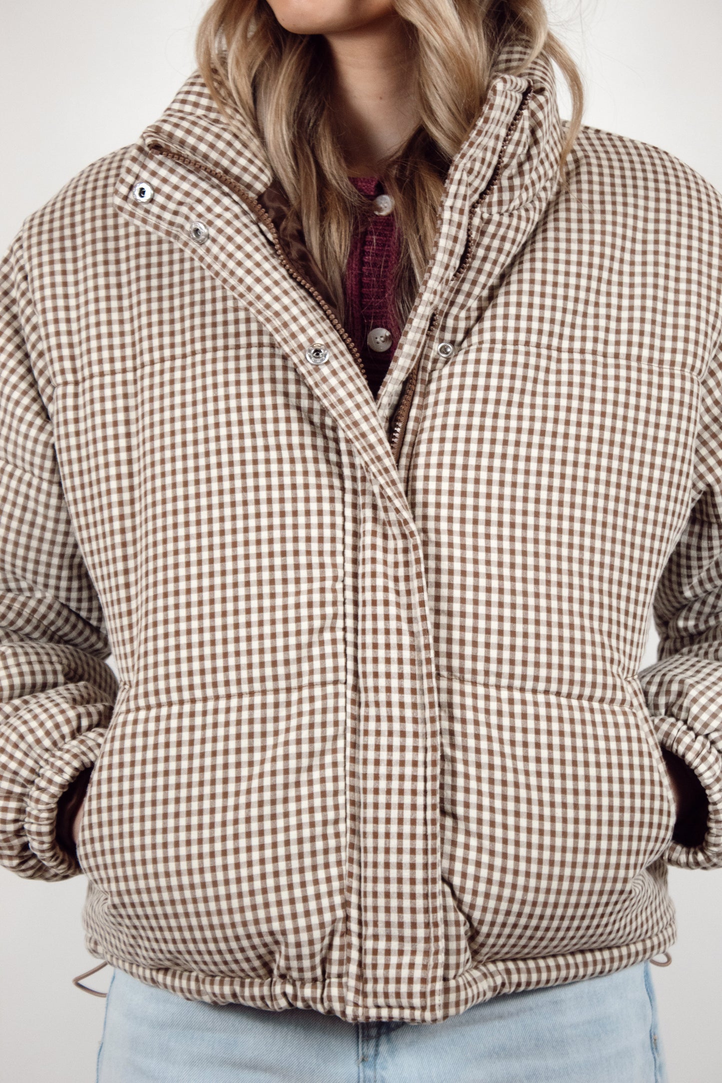Brown Gingham Puffer Jacket